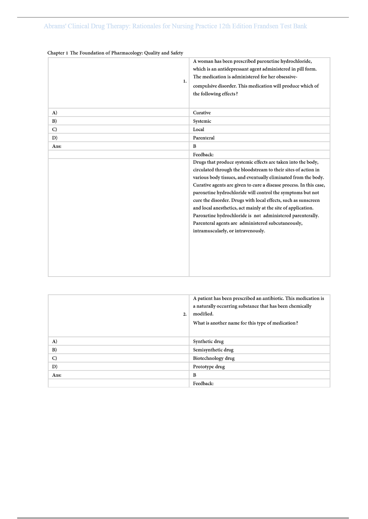 Test Bank for Abrams Clinical Drug Therapy 12th by Frandsen