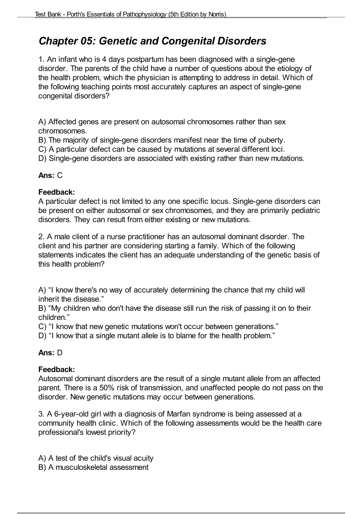 Test Bank for Porth’s Pathophysiology 10e by Norris